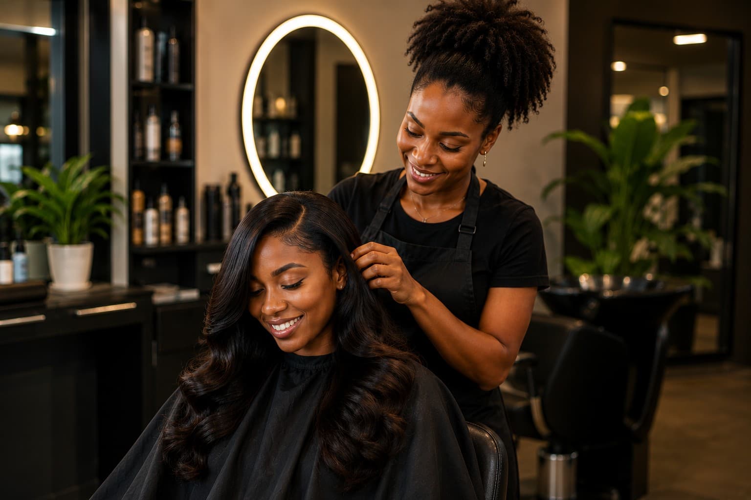 Hair stylist working on a client at a salon